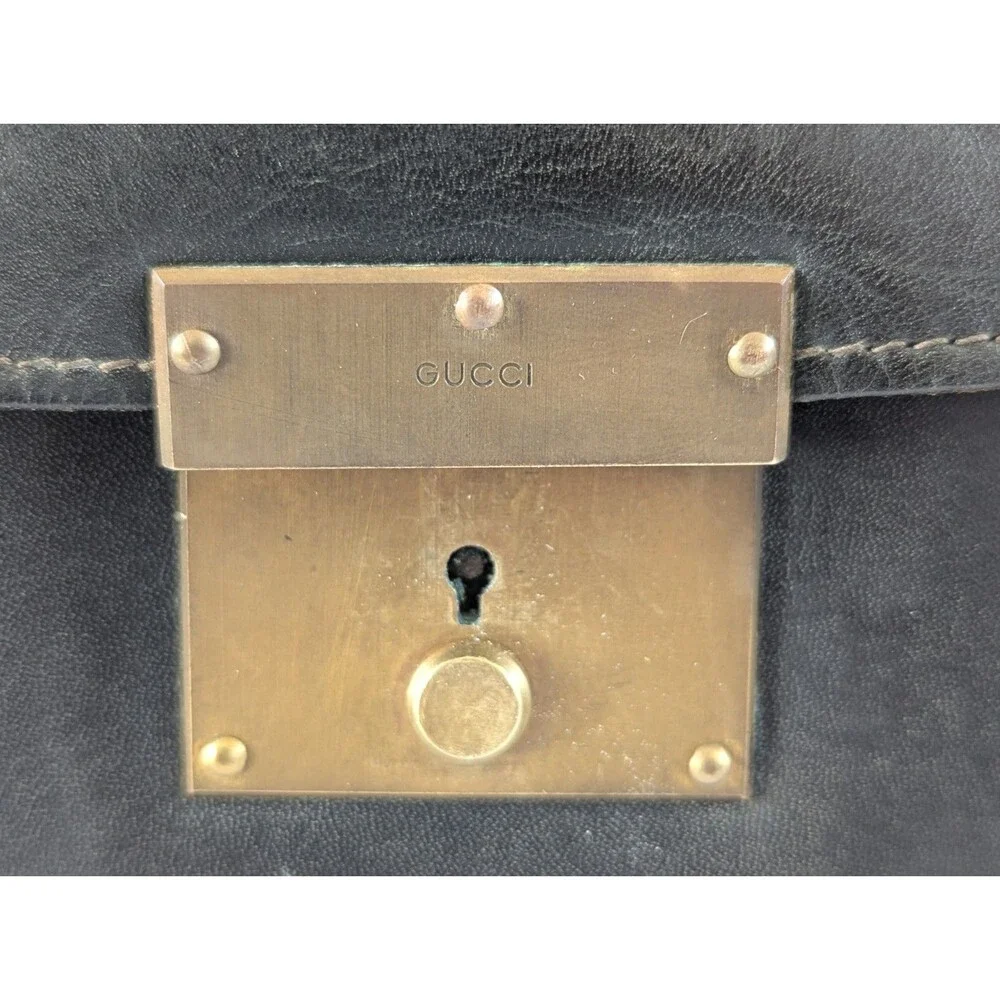 Vintage Gucci Black Leather Briefcase Satchel Attache Push Lock Made in Italy